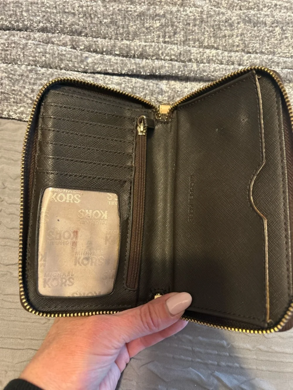 Michael Kors Brown Coated Canvas Zip Wallet with Gold Hardware